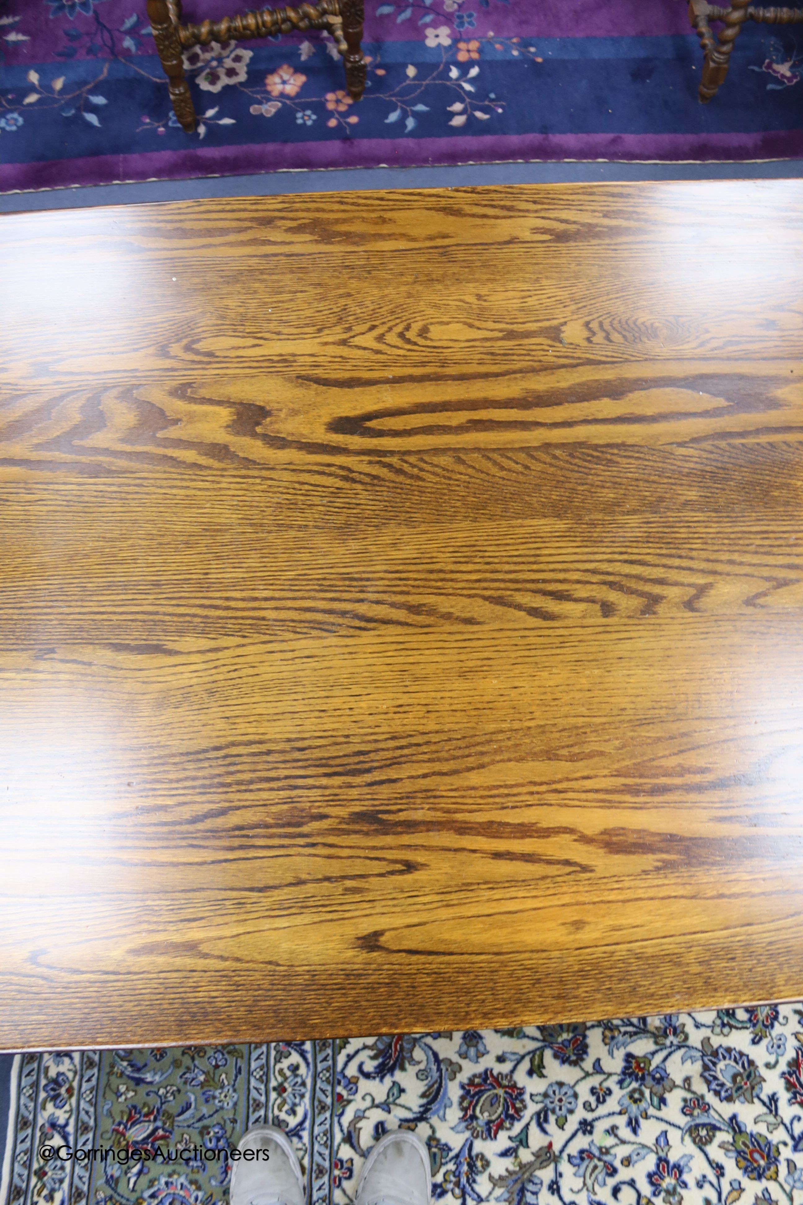 A reproduction 18th century style oak refectory table, width 310cm depth 91cm height 76cm